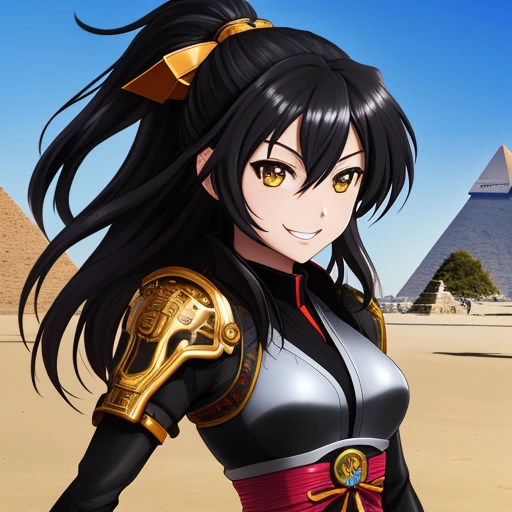 art by yaguru magiku, A girl wearing a black western knight armor, angry smile, in the style of Kyoto Animation in the 2010s, official art, ((((black hair)), eyes of Haruhi Suzumiya, face of Haruhi Suzumiya)), beautiful symmetric face, ponytail, at Ancient Egypt near the great Pyramid, fantasy, alone, solo, 8k, posing of Haruhi Suzumiya