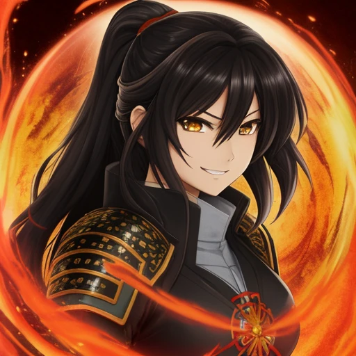 art by yaguru magiku, A age girl wearing a black knight armor, angry smile, in the style of Kyoto Animation in the 2010s, official art, ((((black hair)), eyes of Haruhi Suzumiya, face of Haruhi Suzumiya)), beautiful symmetric face, ponytail, at a medieval european castle on an autumn day, fantasy, alone, solo, 8k, posing of Haruhi Suzumiya