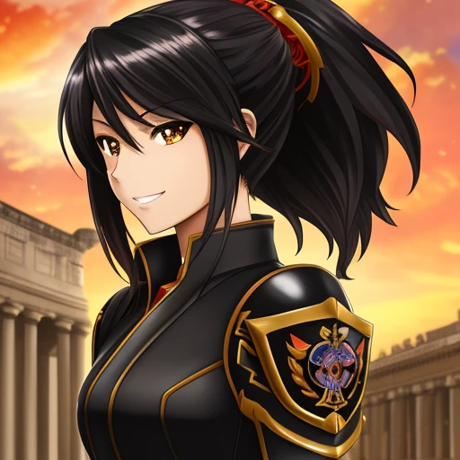 art by yaguru magiku, A girl wearing a black western knight armor, angry smile, in the style of Kyoto Animation in the 2010s, official art, ((((black hair)), eyes of Haruhi Suzumiya, face of Haruhi Suzumiya)), beautiful symmetric face, ponytail, at Ancient Rome on a spring day, fantasy, alone, solo, 8k, posing of Haruhi Suzumiya