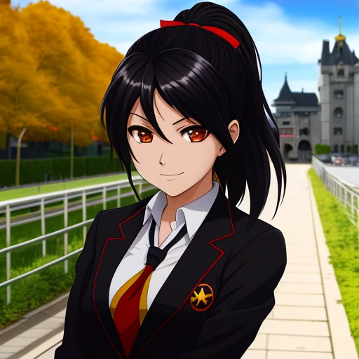 art by yaguru magiku, A teenage girl wearing a black school uniform, angry smile, in the style of Kyoto Animation in the 2010s, official art, ((((black hair)), eyes of Haruhi Suzumiya, face of Haruhi Suzumiya)), beautiful symmetric face, ponytail, at a medieval european castle on an autumn day, alone, solo, 8k, posing of Haruhi Suzumiya