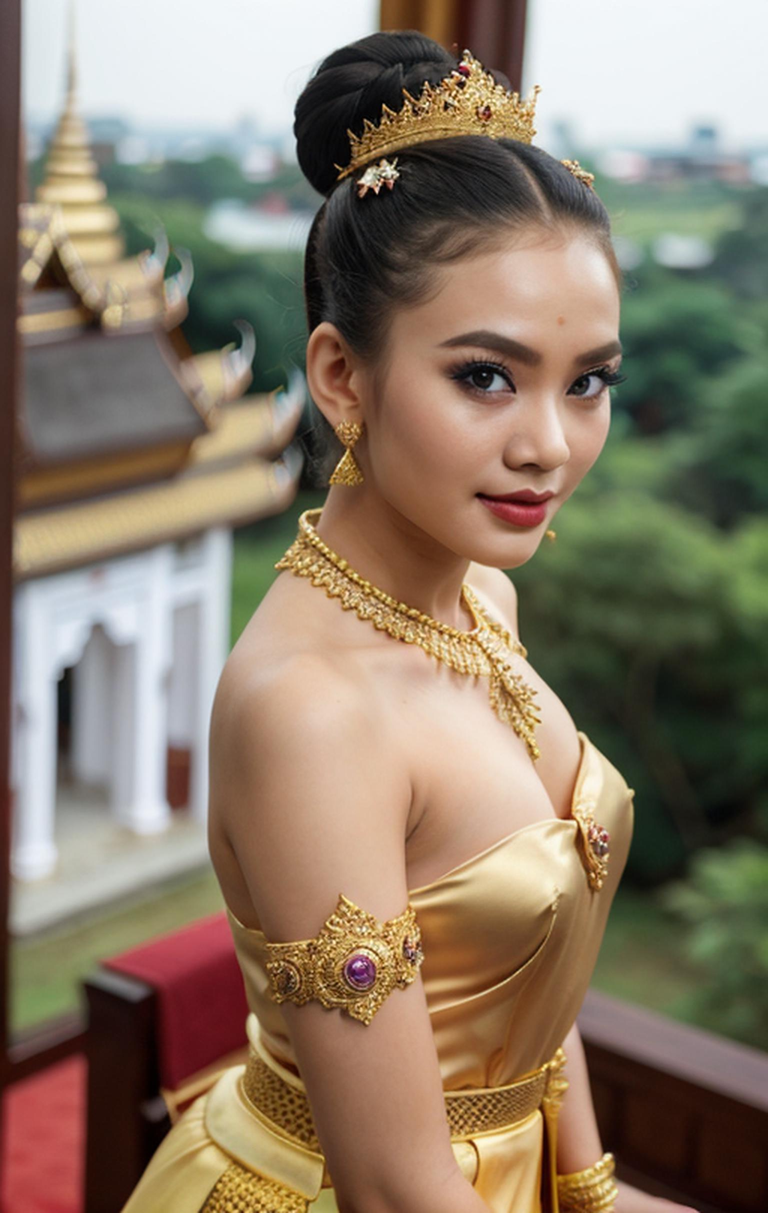 A close up of a woman in a gold dress with a tiable - SeaArt AI