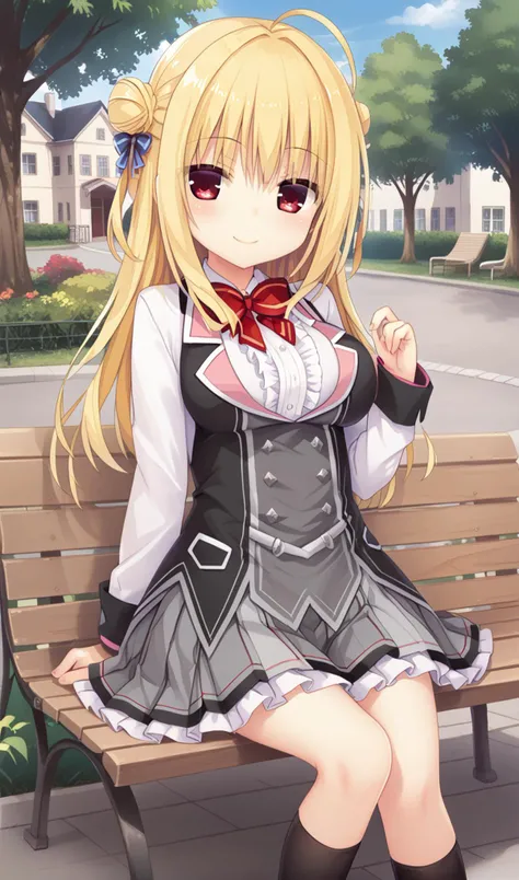 hiyori-default,red eyes,blonde hair, double bun,ahoge,school uniform, red bow,frills,shirt,pleated skirt,frilled skirt,  black socks,loafers <lora:izumi hiyori_hamidashi creative_PONY_last:1>smile
background park,noon,sitting in a bench