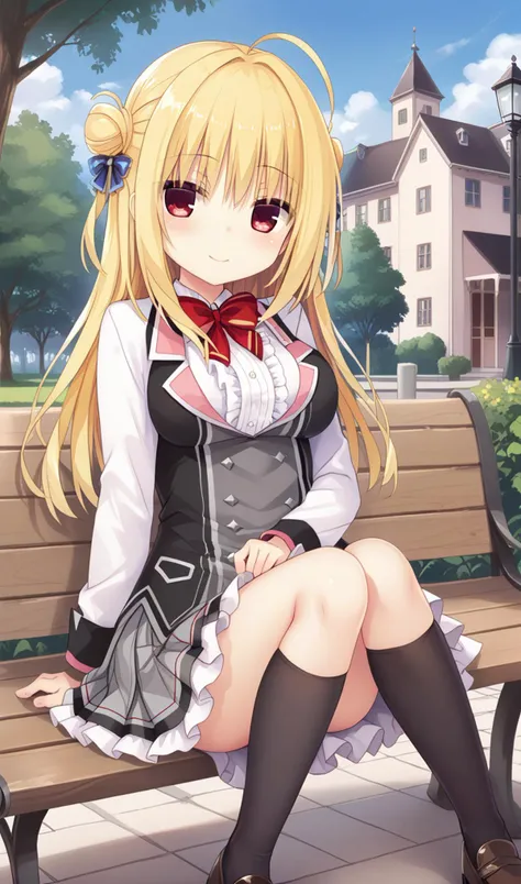 hiyori-default,red eyes,blonde hair, double bun,ahoge,school uniform, red bow,frills,shirt,pleated skirt,frilled skirt,  black socks,loafers <lora:izumi hiyori_hamidashi creative_PONY_last:1>
background park,noon,sitting in a bench