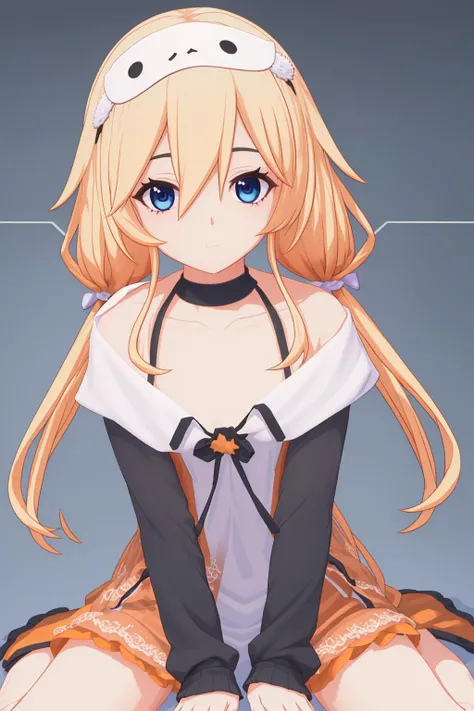 Mixueer,wariza,hands between legs,looking at viewer,low twintails,leaning back,