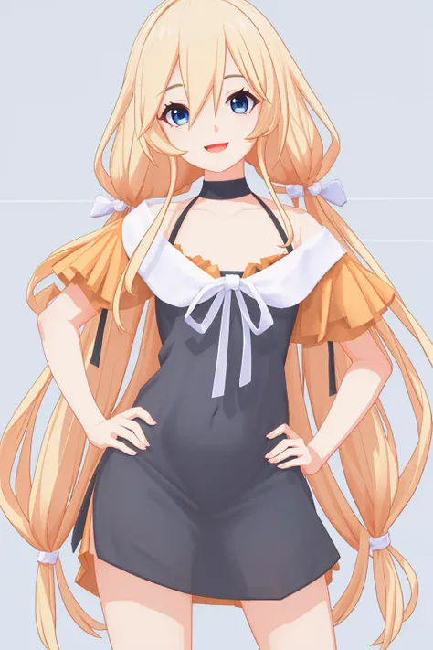 Mixueer,looking at viewer,low twintails,head tilt,hand on hip,very long hair,smile,white background,open mouth,