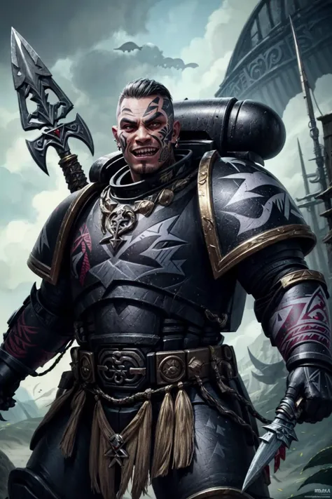 smilling, sharp teeth, photo of 1boy,carcha, full armor, black armor, armor detail, (shark teeth details:1.1) spear , ((maori face tattoo:1.1)), primaris, <lora:tool - add_detail:1> <lora:CARCHARODONS MK4 by CARAXES-000009:0.8> <lora:subject - Primarismarines4-30:0.4>