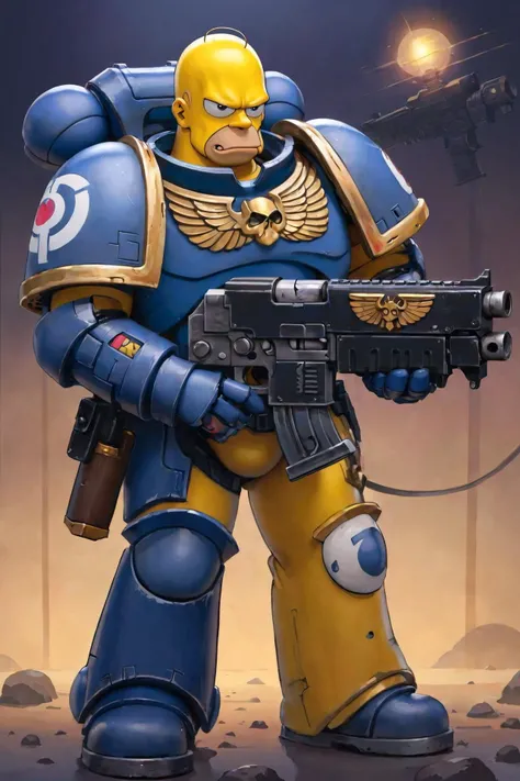 (homer Simpson:1.4) as primaris space marine with confused look on face <lora:primaris_marine-knight_armor:0.8> knight armor, holding bolter, full body, style of matt groening, (cell shading:1.2), flat colors, (line art:1.2), analog style, (masterpiece:1.2), best quality