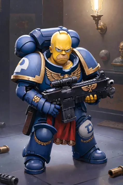 (homer Simpson:1.4) as primaris space marine <lora:primaris_marine-knight_armor:0.8> knight armor, holding bolter, full body, style of matt groening, (cell shading:1.2), flat colors, (line art:1.2), analog style, (masterpiece:1.2), best quality