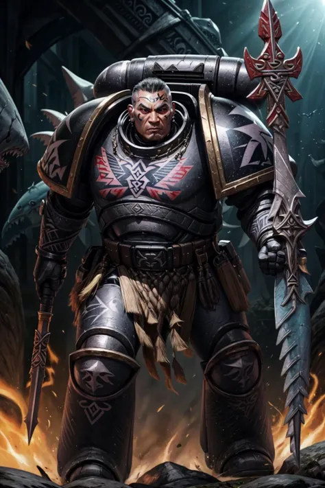 photo of  1boy,carcha, full armor, black armor, armor detail, (shark teeth details:1.1) spear , ((maori face tattoo:1.1)), primaris, <lora:tool - add_detail:1> <lora:CARCHARODONS MK4 by CARAXES-000009:0.7> <lora:subject - Primarismarines4-30:0.4>
