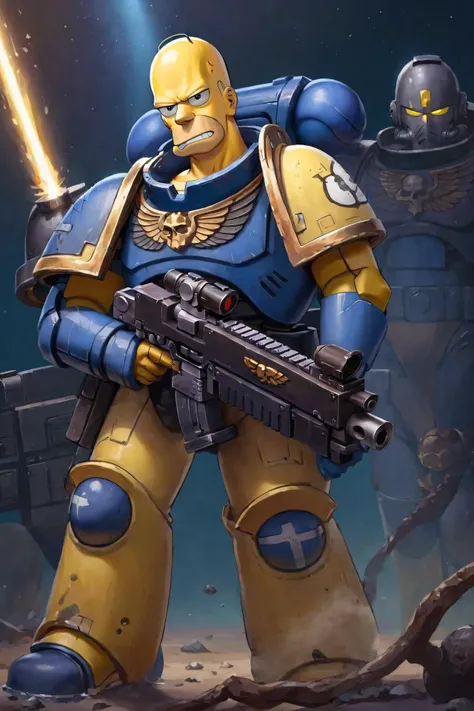 (homer Simpson:1.4) as primaris space marine <lora:primaris_marine-knight_armor:0.8> knight armor, holding bolter, full body, style of matt groening, (cell shading:1.2), flat colors, (line art:1.2), analog style, (masterpiece:1.2), best quality