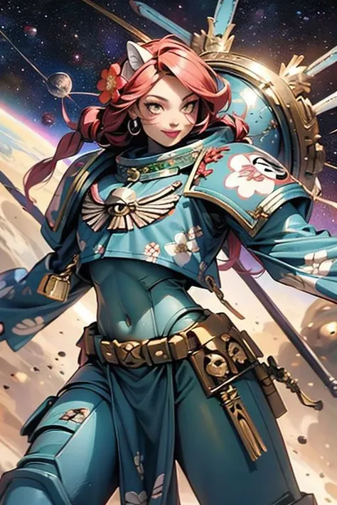 woman, samurai, (space marine pauldron:1.5), (space marine torso:1.5), (kimono sleeves, floral print:1.3), smiling
cat ears, loincloth, sushi on body,
combat stance,
cowboy shot,
masterpiece, best quality, 32k uhd,
space hulk flying in the background,
baroque art, art deco, (vibrant colors), bright, luminous, daylight
<lora:add_detail:0.0> <lora:hairdetailer:0.5> <lora:Primarismarines4:0.5>