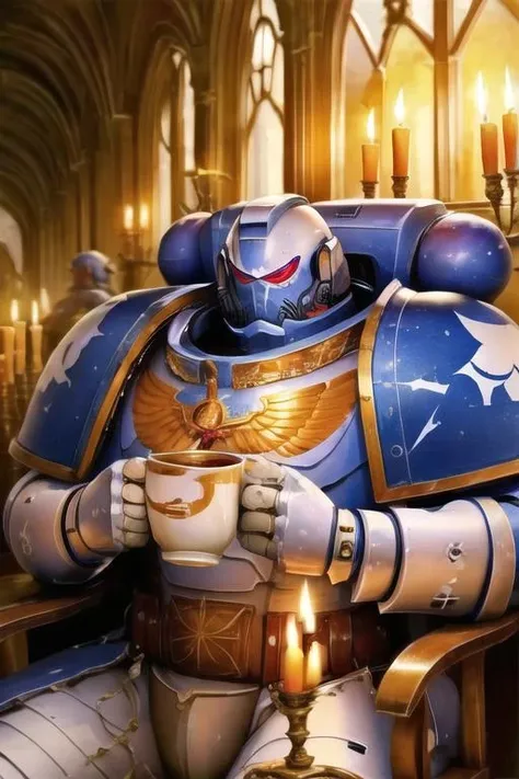 digital art of Primaris holding a coffee mug , best quality, masterpiece, white and blue armor , sc-ifi castle background , warm candlelight, <lora:Primarismarines4-30:0.8>
