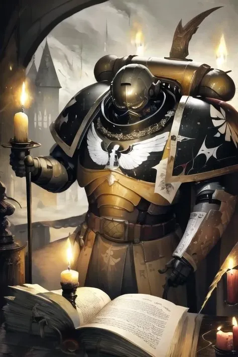 digital art of Primaris reading old tome ,  best quality, masterpiece, black and white armor , dark castle background , warm candlelight  <lora:Primarismarines4-30:0.8>