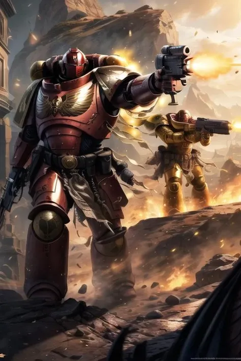 digital art of primaris (helmet:1), red and gold armor, (green lenses:1), closeup, battlefield background, best quality, masterpiece, <lora:add_detail:1>, <lora:Primarismarines3-20:1>