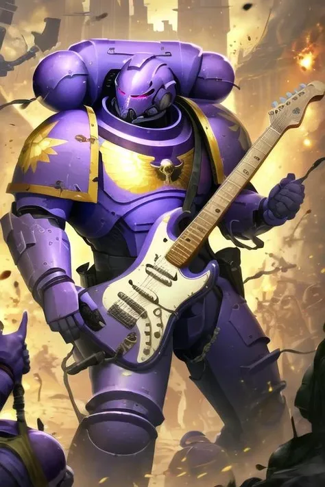 digital art of primaris playing guitar, best quality, masterpiece, purple and gold armor, battlefield background, <lora:Primarismarines4-30:0.8>