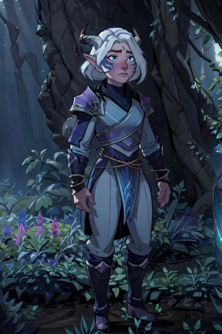 Tiadrin, facial mark, blue eyes, dark lighting, neon lighting, plants, cave, (realistic:1.2), (masterpiece:1.2), (full-body-shot:1.2),(Cowboy-shot:1.2), dark romantic lighting, (highly detailed:1.2), (detailed face:1.2), (gradients), colorful, detailed eyes, (natural lighting:1.2), solo, <lora:add_detail:0.3> <lora:DragonPrince_Tiadrin-10:0.85> <lora:BeautifulEyes:0.3>