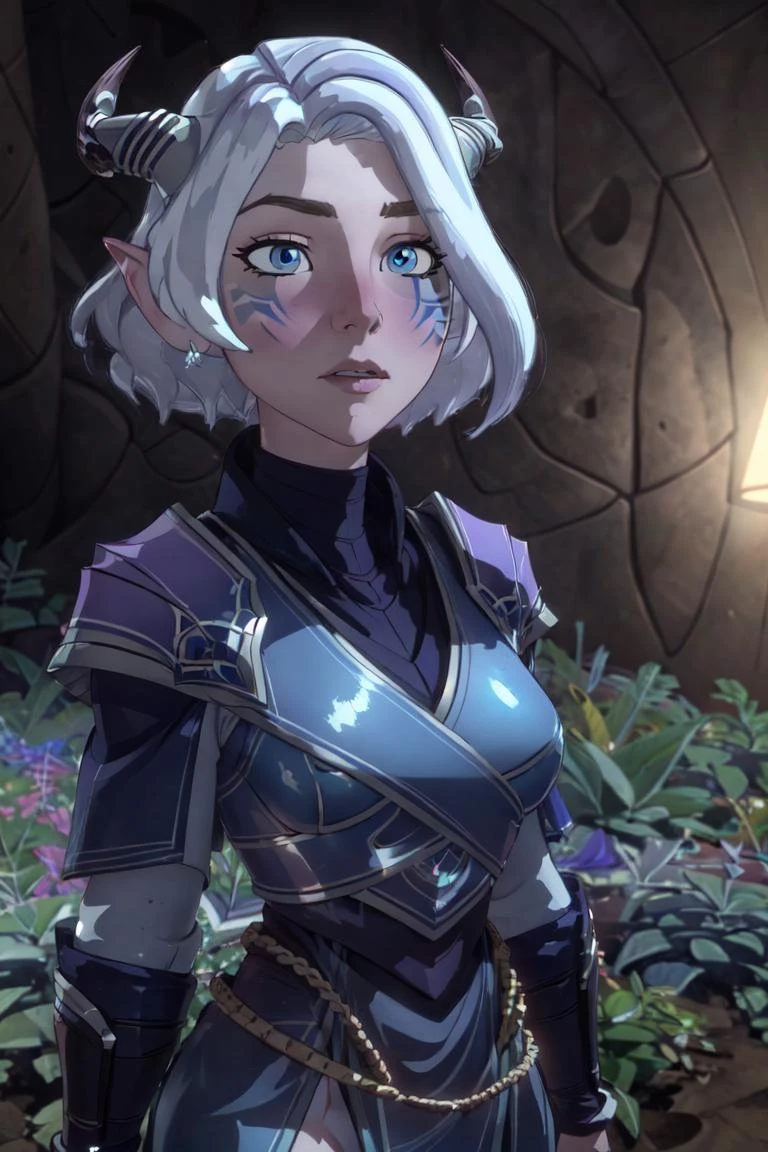Tiadrin, facial mark, blue eyes, dark lighting, neon lighting, plants, cave, (realistic:1.2), (masterpiece:1.2), (full-body-shot:1.2),(Cowboy-shot:1.2), dark romantic lighting, (highly detailed:1.2), (detailed face:1.2), (gradients), colorful, detailed eyes, (natural lighting:1.2), solo, <lora:add_detail:0.3> <lora:DragonPrince_Tiadrin-10:0.85> <lora:BeautifulEyes:0.3>