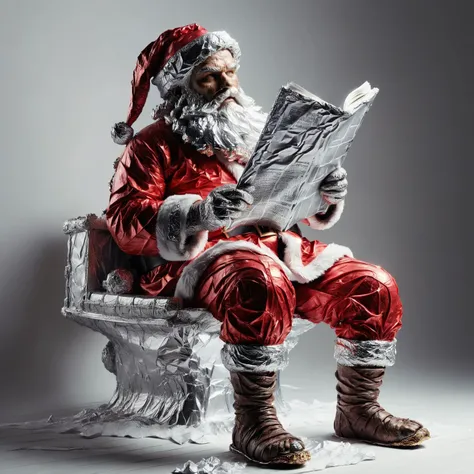 (masterpiece:1.2), best quality, Santa Claus wrapped in ral-alufoil sat on the toilet reading a newspaper <lora:ral-alufoil-sdxl:1>