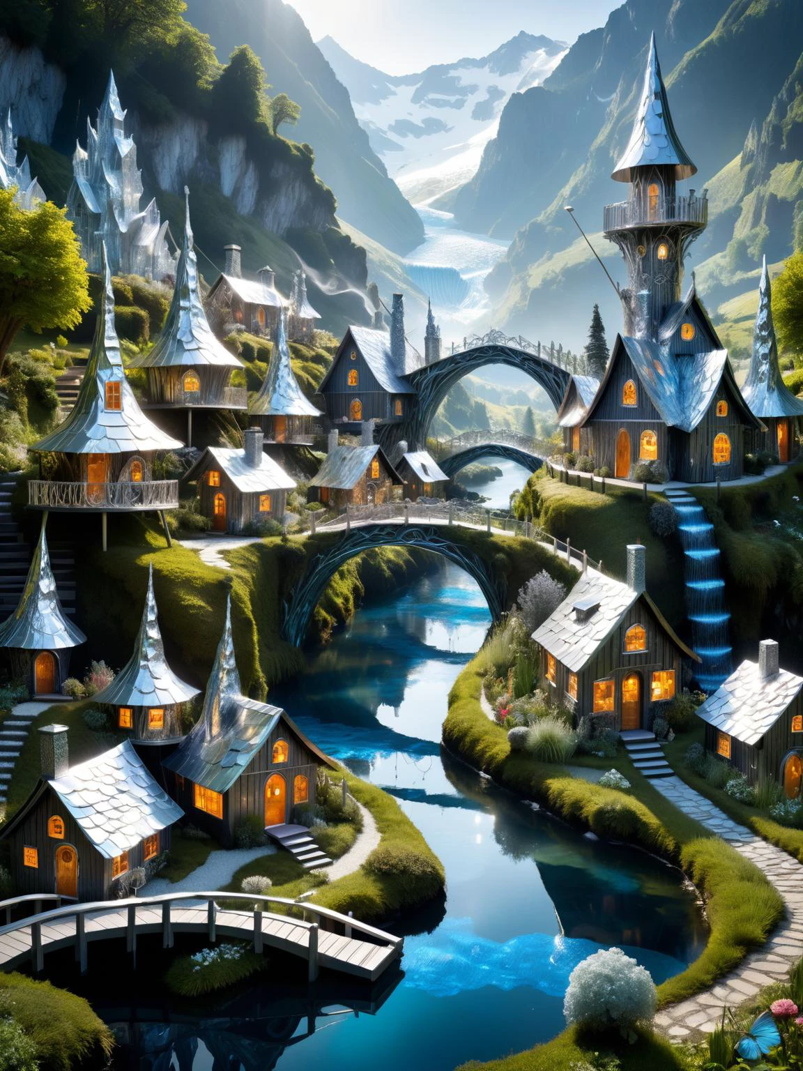 ral-alufoil, A whimsical scene of a ral-alufoil fairy village, with tiny houses, rowing boats, streams, hills, bridges, and gardens all intricately detailed in ral-glacial textures, smoke from chimneys<lora:ral-alufoil-sdxl:0.5>, dynamic, cinematic, masterpiece, intricate, hdr. <lora:EnvyBetterHiresFixXL01:0:hr=1>
