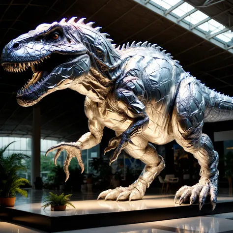 (masterpiece:1.2), best quality, a life-size Tyrannosaurus Rex statue wrapped in ral-alufoil <lora:ral-alufoil-sdxl:1>