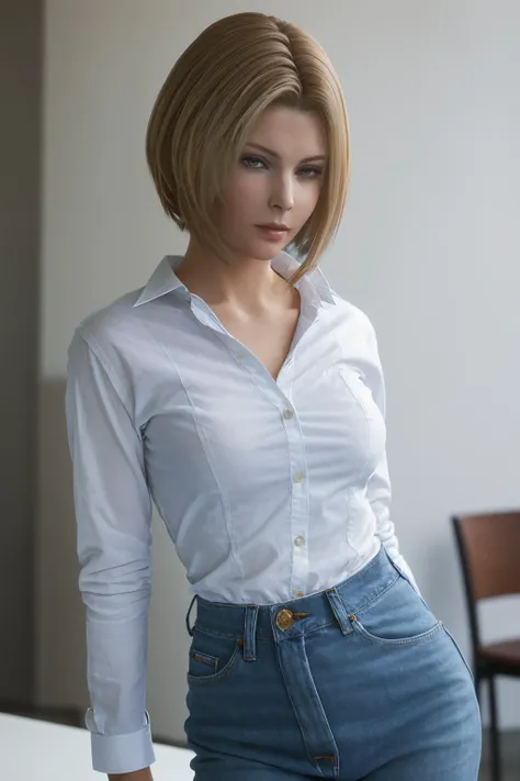 Uma mulher de 30anos,  cabelos castanhos claro , Rosto redondo, sorriso encantador, boca carnuda , corpo escultural, seios grandes com uma camisa bastante decotada