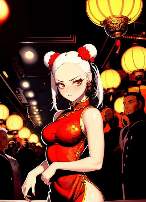 masterpiece, <lora:Kim_Hyung_Tae-45:1> Kim_Hyung_Tae,cowboy shot,1girl,crowd,chinese dress,white hair, red clothes, jewelry, forehead jewel, hair bun, double bun, pout, chinese architecture, colorful lights, detailed background