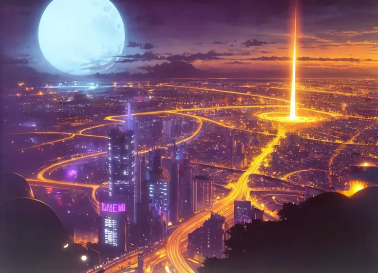 masterpiece,  <lora:Kim_Hyung_Tae-45:1> Kim_Hyung_Tae,scenery,  city, science fiction, glowing, neon, night, moon, skyscraper