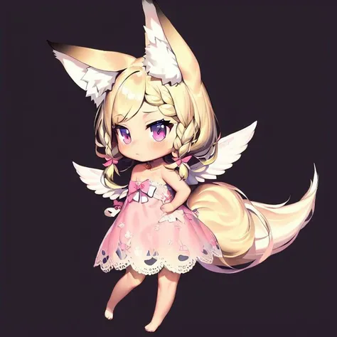 masterpiece,  <lora:Kim_Hyung_Tae-45:1> Kim_Hyung_Tae,chibi,1girl,solo, long hair, blonde hair, simple background, dress, animal ears, bare shoulders, tail, full body, braid, wings, barefoot, twin braids, animal ear fluff, fox ears, black background, pink dress, strapless dress