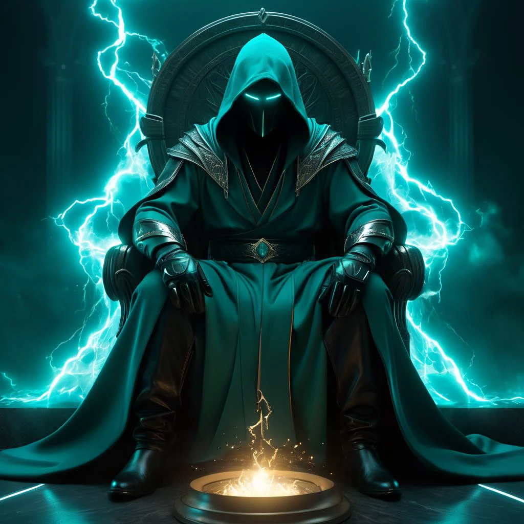 figure sitting on his throne, flowing teal robes, hooded, glowing teal eyes, no face, black leather gloves, teal plasma balls on each side, teal lightning, gradiating black and teal background, hyperrealistic, intricate details, shiny, cinematic, unreal engine, artstation, octane render