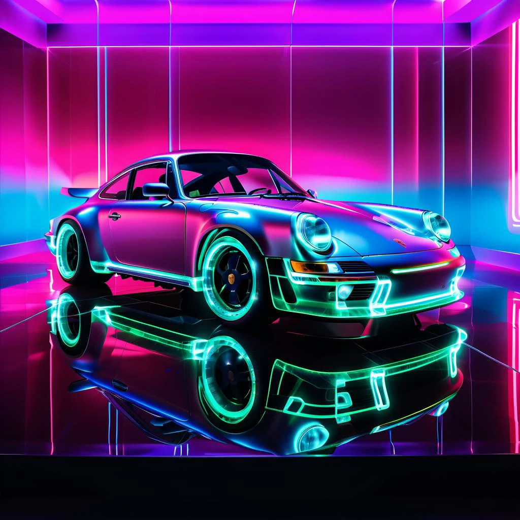 detailed, photorealistic, sharp focus, pov from below,
transparent glass porsche 911,
cyberpunk background, neon lighting
<lora:sdxl_glass:1>