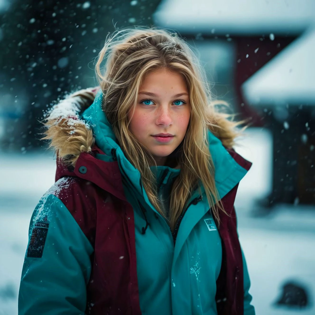 sharp, a cute 20 yrs icelandic girl gently looking to the camera, buff skin, petite face , dirty blond hair, expressive light aquamarine eyes, cozy burgundy winter jacket, heavy falling snow, blizzard