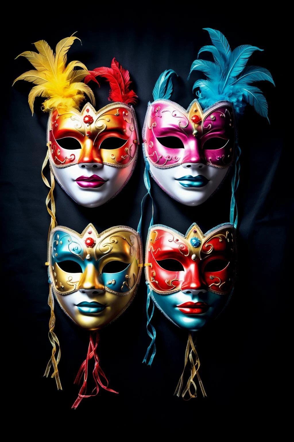 breathtaking award-winning, 3 colorful carnival masks on dark background