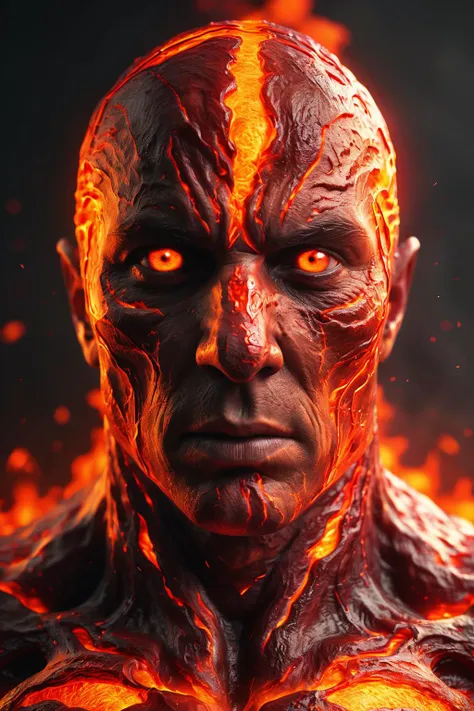 breathtaking award-winning magma man with molten skin and eyes, 8k, powerful, hyper realistic, hyper shaders, hyper detailed, hyper cinematic, hyper shadows, hyper realistic background, hyper intricately detailed