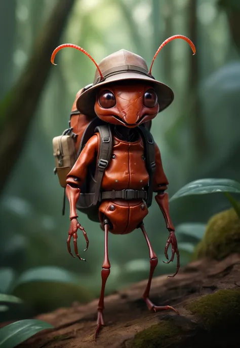 adventurous cute funny ant, donned a tiny explorerâs hat and carried a mini backpack, walk in wild colorfully jungle, detailed exoskeleton, by Jean-Baptiste Monge, Gilles Beloeil, Tyler Edlin, Marek Okon, Pixar, 8k, album art, comic style, golden ratio, perfect composition, a masterpiece, trending on artstation, extreme close up, shot from below. High dynamic range, vivid, rich details, clear shadows and highlights, realistic, intense, enhanced contrast, highly detailed.