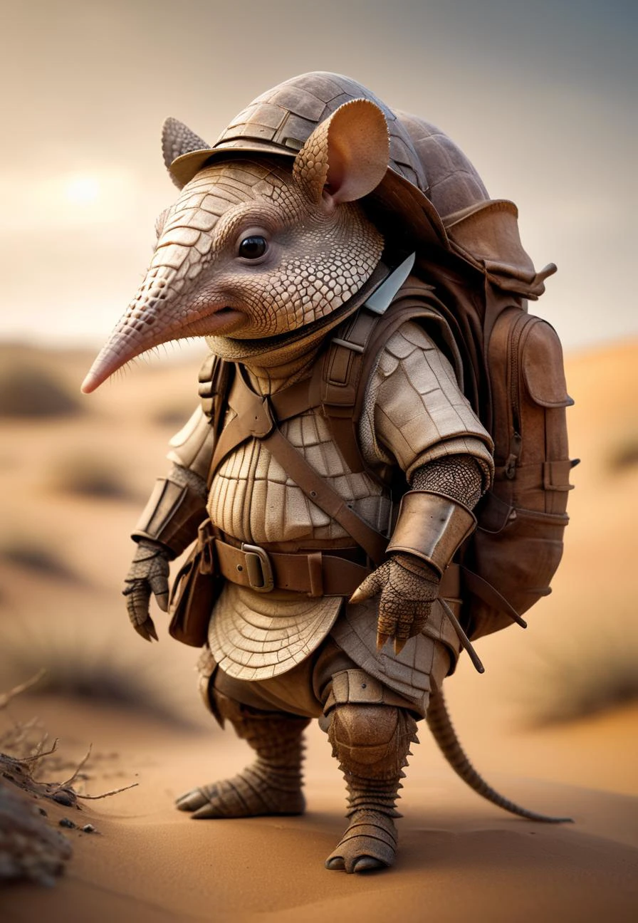 Adventurous cute funny armadillo, donned a tiny explorerâs hat and carried a mini backpack, walk in wild, arid desert, detailed armor-like skin, by Jean-Baptiste Monge, Gilles Beloeil, Tyler Edlin, Marek Okon, Pixar, 8k, album art, comic style, golden ratio, perfect composition, a masterpiece, trending on artstation, extreme close up, shot from below. High dynamic range, vivid, rich details, clear shadows and highlights, realistic, intense, enhanced contrast, highly detailed.