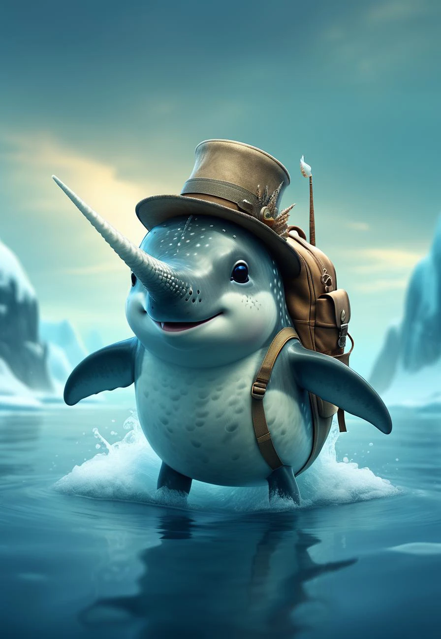 Adventurous cute funny narwhal, donned a tiny explorerâs hat and carried a mini backpack, swim in wild icy ocean, detailed skin, by Jean-Baptiste Monge, Gilles Beloeil, Tyler Edlin, Marek Okon, Pixar, 8k, album art, comic style, golden ratio, perfect composition, a masterpiece, trending on artstation, extreme close up, shot from below. High dynamic range, vivid, rich details, clear shadows and highlights, realistic, intense, enhanced contrast, highly detailed.