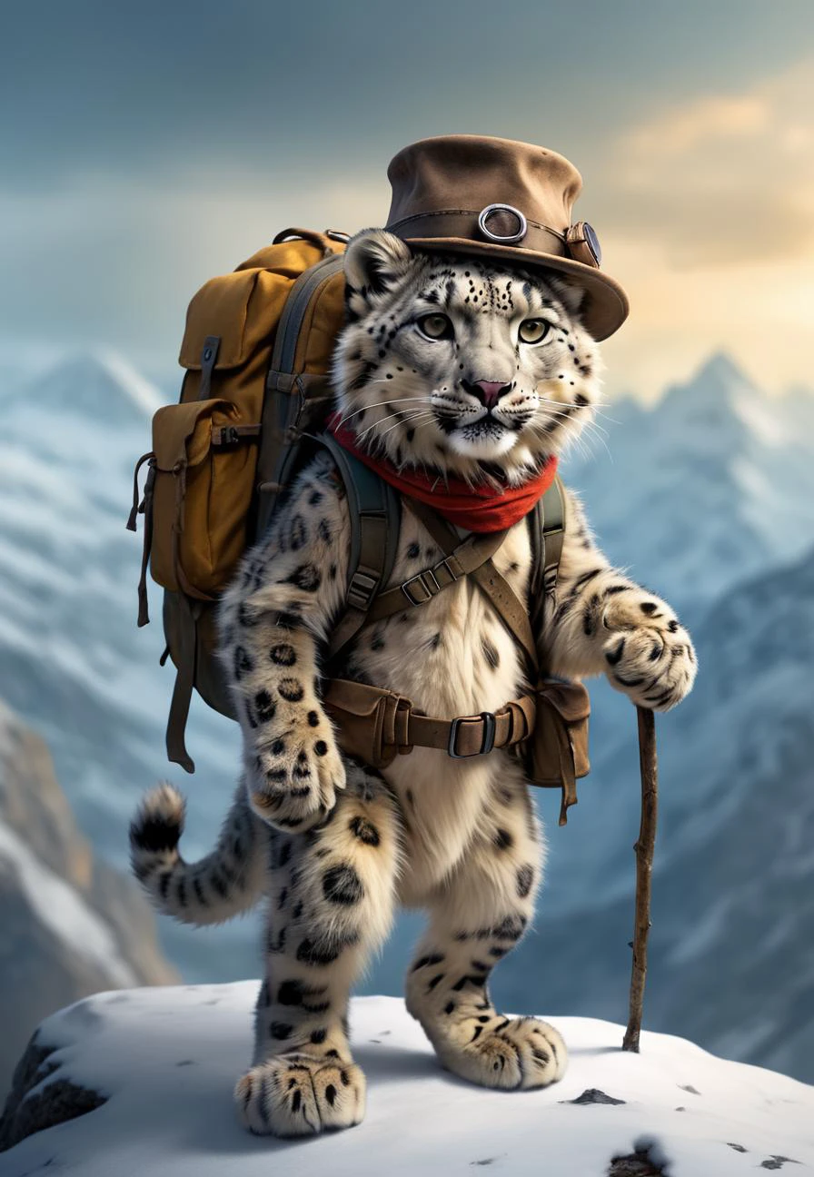 Adventurous cute funny snow leopard, donned a tiny explorerâs hat and carried a mini backpack, walk in wild snowy mountains, detailed fur, by Jean-Baptiste Monge, Gilles Beloeil, Tyler Edlin, Marek Okon, Pixar, 8k, album art, comic style, golden ratio, perfect composition, a masterpiece, trending on artstation, extreme close up, shot from below. High dynamic range, vivid, rich details, clear shadows and highlights, realistic, intense, enhanced contrast, highly detailed.