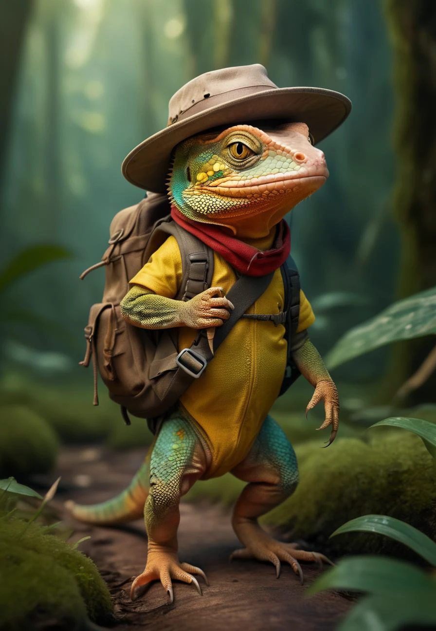 adventurous cute funny lizard, donned a tiny explorer's hat and carried a mini backpack, walk in wild colorfully jungle, detailed scales, by Jean-Baptiste Monge, Gilles Beloeil, Tyler Edlin, Marek Okon, Pixar, 8k, album art, comic style, golden ratio, perfect composition, a masterpiece, trending on artstation, extreme close up, shot from below . High dynamic range, vivid, rich details, clear shadows and highlights, realistic, intense, enhanced contrast, highly detailed