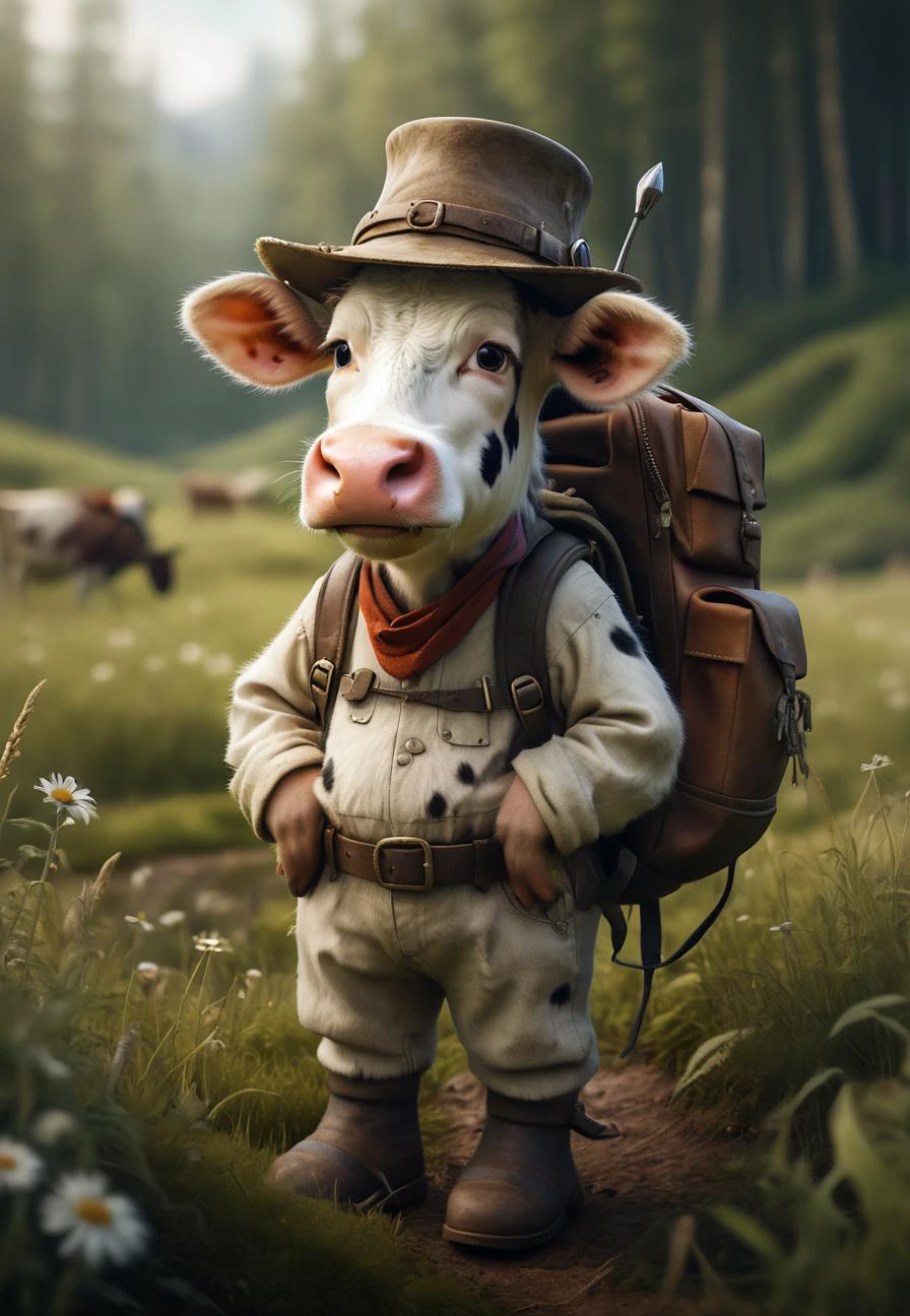 Adventurous cute funny cow, donned a tiny explorerâs hat and carried a mini backpack, graze in wild, lush meadow, detailed fur, by Jean-Baptiste Monge, Gilles Beloeil, Tyler Edlin, Marek Okon, Pixar, 8k, album art, comic style, golden ratio, perfect composition, a masterpiece, trending on artstation, extreme close up, shot from below. High dynamic range, vivid, rich details, clear shadows and highlights, realistic, intense, enhanced contrast, highly detailed.