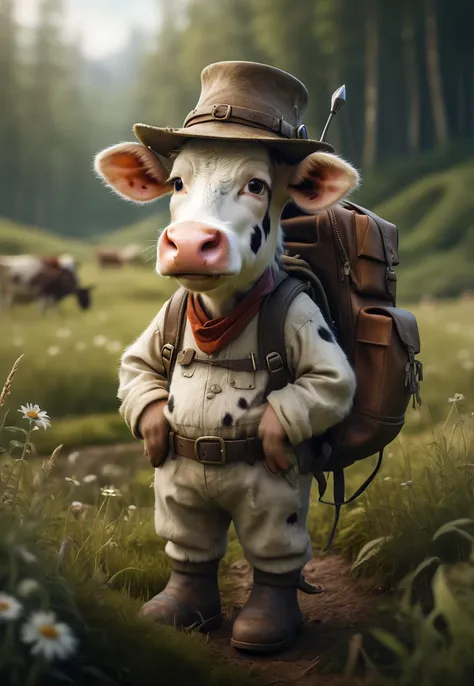 Adventurous cute funny cow,  donned a tiny explorerâs hat and carried a mini backpack,  graze in wild,  lush meadow,  detailed fur,  by Jean-Baptiste Monge,  Gilles Beloeil,  Tyler Edlin,  Marek Okon,  Pixar,  8k,  album art,  comic style,  golden ratio,  perfect composition,  a masterpiece,  trending on artstation,  extreme close up,  shot from below. High dynamic range,  vivid,  rich details,  clear shadows and highlights,  realistic,  intense,  enhanced contrast,  highly detailed.