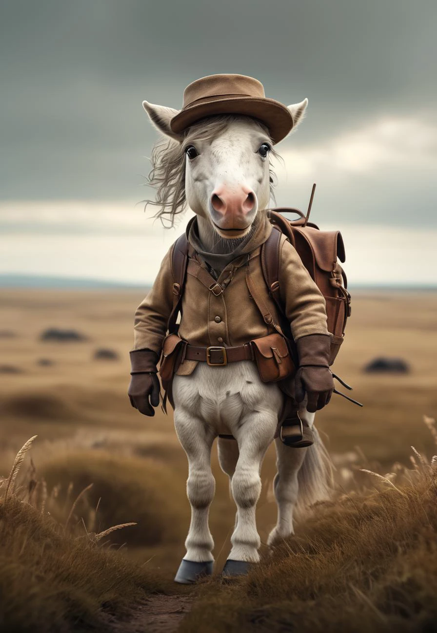 Adventurous cute funny horse, donned a tiny explorerâs hat and carried a mini backpack, gallop in wild, open plains, detailed mane and coat, by Jean-Baptiste Monge, Gilles Beloeil, Tyler Edlin, Marek Okon, Pixar, 8k, album art, comic style, golden ratio, perfect composition, a masterpiece, trending on artstation, extreme close up, shot from below. High dynamic range, vivid, rich details, clear shadows and highlights, realistic, intense, enhanced contrast, highly detailed.