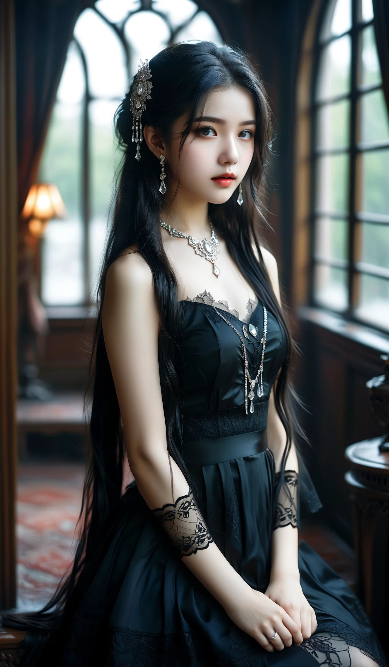 (Best quality,masterpiece,ultra realistic:1.3), (extremely intricate masterful beautiful:1.3), (hyperrealistic photography,photorealistic:1.4), (extremely ultra-detailed),RAW, (natural skin, detailed skin), (skindentation:0.3), (Art Nouveau:1.3),(vivid colors:1.3),(close portrait:1.3),(Beautiful fractal art:1.3),(((photo raw)), Rim Lighting/Backlighting and rossdraws global illumination Depth of Field Blur and Radial Blur and vibrant colors , ,),girl,1girl,peerlessly beautiful idol, beautiful detailed eyes,showing fashion wear,(see-through_clothing),(very_long_hair),(Elegant posture), film grain texture,analog photography aesthetic,dynamic composition,(dynamic angle,dynamic pose),(whole_body:1.3),
gothic_ta,wearing see-through (china_dress:1)
(tie-back crop top ,),(resplendent glowing diamond, glassy, rhodium-plated, stalwart, surface treatment, rare, vintage revival, edwardian, mythological figures),(swamp, soffit,parapet,baseboard),(botanical exchange enclave),(astral archive of ancient wisdom, prefabricated materials,rubber flooring, Outdoor Chandeliers, spotlights),
(gold),(silver),colorful aura,diamond,platinum, luxury,charming,alluring,seductive,erotic,enchanting,cleavage,panties,
SimplePositiveXLv2<lora:sd_xl_dpo_lora_v1:0.7><lora:MJ52:0.3>