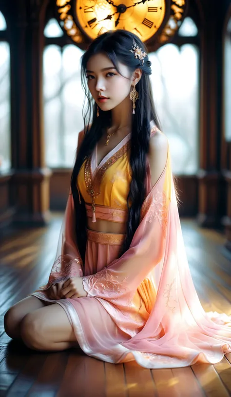 (Best quality,masterpiece,ultra realistic:1.3), (extremely intricate masterful beautiful:1.3), (hyperrealistic photography,photorealistic:1.4), (extremely ultra-detailed),RAW, (natural skin, detailed skin), (skindentation:0.3), (Art Nouveau:1.3),(vivid colors:1.3),(close portrait:1.3),(Beautiful fractal art:1.3),(((photo raw)),),girl,1girl,peerlessly beautiful idol, beautiful detailed eyes,showing fashion wear,(see-through_clothing),(very_long_hair),(Elegant posture), film grain texture,analog photography aesthetic,dynamic composition,(dynamic angle,dynamic pose),(panoramic view:1.3),
gothic_lolita,wearing see-through (hanfu:1)
(oversized lower body clothing, chiffon, terracotta, cropped length, Drop Waist, cutout details,Tonal Stitching,,sequins),(bright glowing citrine, effervescent, yellow gold, tenacity, stabilization, exclusive, whimsical, art nouveau, healing and wellness),(forest, slope,submerged roots),(pink lithic illusion),(celestial astral projection room, fairy dust,Clocks,Floor Lamp, Tapestry with Wrapped Cords tapestry,engineered wood flooring, Kerosene Lamps,High-Intensity Discharge Lamps, chandeliers,fantasy),
(gold),(silver),colorful aura,diamond,platinum, luxury,charming,alluring,seductive,erotic,enchanting,cleavage,panties,
SimplePositiveXLv2<lora:sd_xl_dpo_lora_v1:0.7><lora:MJ52:0.3>