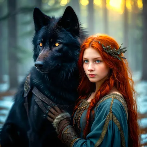 nightime , medieval, a 20 yo ukrainian girl and her black wolf pet ,skin details, fiery copper textured hair, light Aureolin eyes, whymsical, fantasy, harmonious, peaceful, foggy old forest