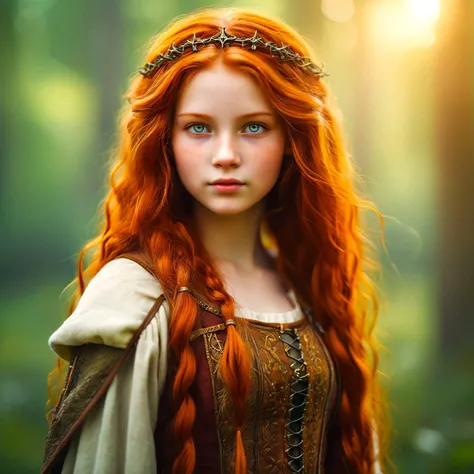 medieval, a lithuanian 20 yo girl ,skin details, fiery copper textured hair, light Aureolin eyes, whymsical, fantasy