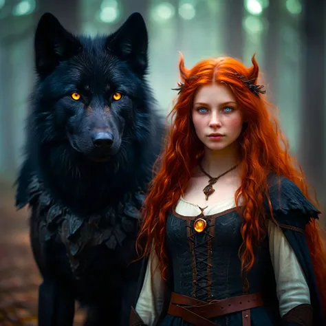 nightime , medieval, a  20 yo latvian witch and her black wolf guardian ,skin details, fiery copper textured hair, light Aureolin eyes, whymsical, fantasy,  foggy old forest