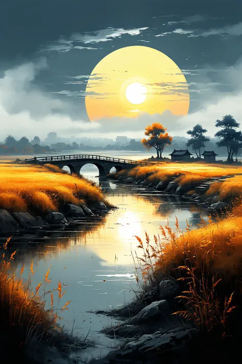 breathtaking award-winning, professional concept art digital artwork illustrative painterly matte painting highly detailed, Electric Blue, Gloomy, Effulgent, Rubber, Beaming, Spherical, Colorful, Granular, Chinese traditional ink-wash style, The whole painting is dominated by black, white and gray tones, depicting the scene of autumn fields. The sun is setting, and the sunset is in contrast with the lone bird. The lake is rippling, and the sky is reflected on it, adding a sense of hierarchy. The ancient bridge is solemn and stable, blending with nature. Wildflowers and bushes depict the vitality of autumn. The