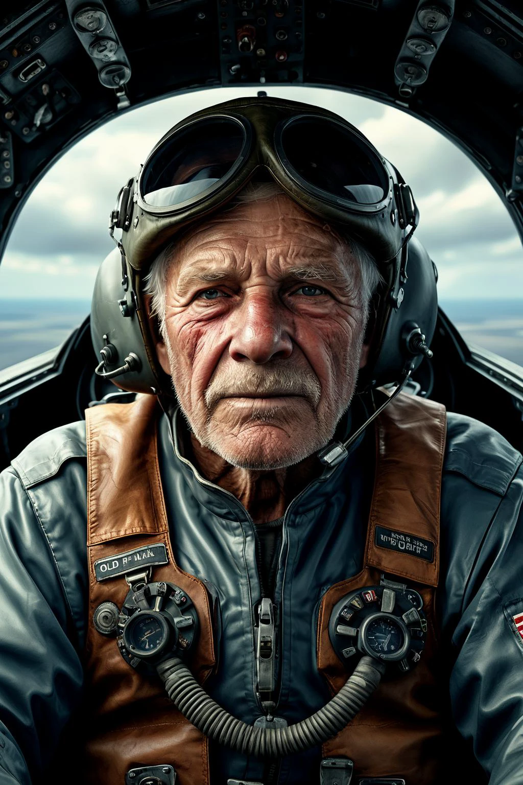 breathtaking award-winning, old man in cockpit of a fighter jet, photorealistic, cinimatic, high resolution, highly detailed