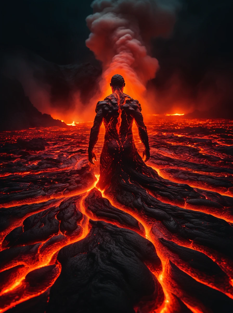 very dark cinematic photo, man made of glowing flowing lava in a lava world, coming up out of hot lava, sparkles, intricate