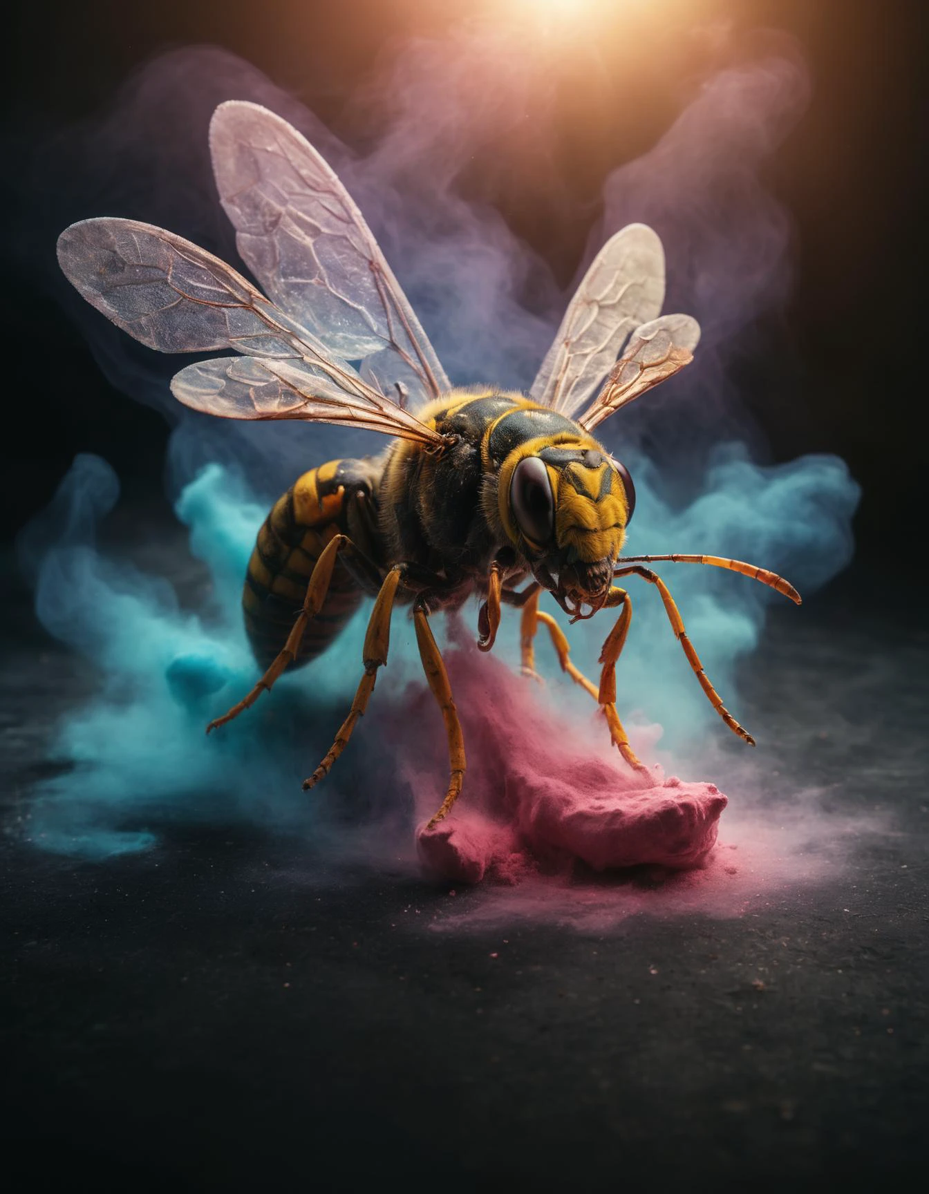 violent chalk explosion, holographic colorful floating in space, cinematic close-up portrait of a wasp (made out of chalk:1.3) during dusk in the autumn, dark and gritty fantasy film heavy chalk smoke, cinematic lighting